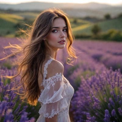 The primary subject of the image is a woman with long hair, standing in a field of purple flowers. She is wearing a white dress and appears to be posing for the camera. The setting is a beautiful, lush field filled with purple flowers, creating a serene and picturesque atmosphere. The visual style of the image is a combination of photo and digital art, resulting in a stylized and artistic representation of the woman and her surroundings. The dominant colors in the image are purple and white, which